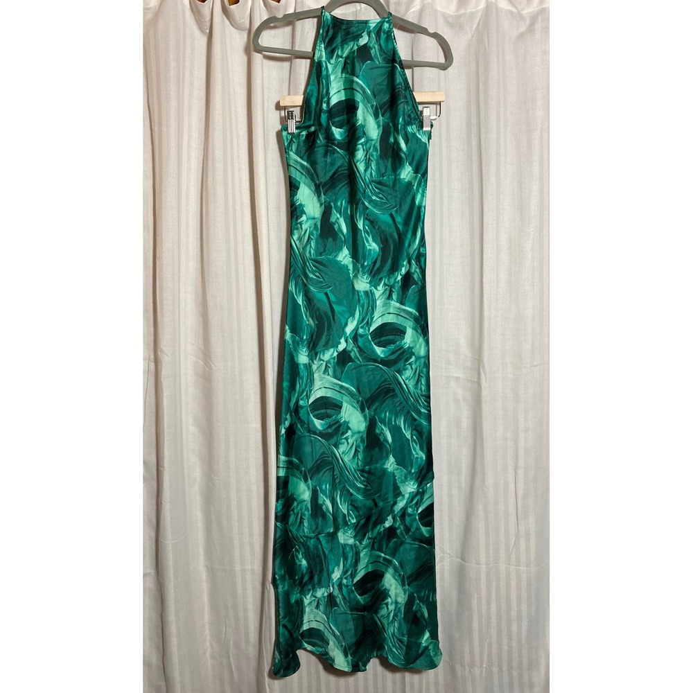 Earthy‎ Grunge Green Abstract Swirl Halter Open Back Maxi Dress M Forever 21